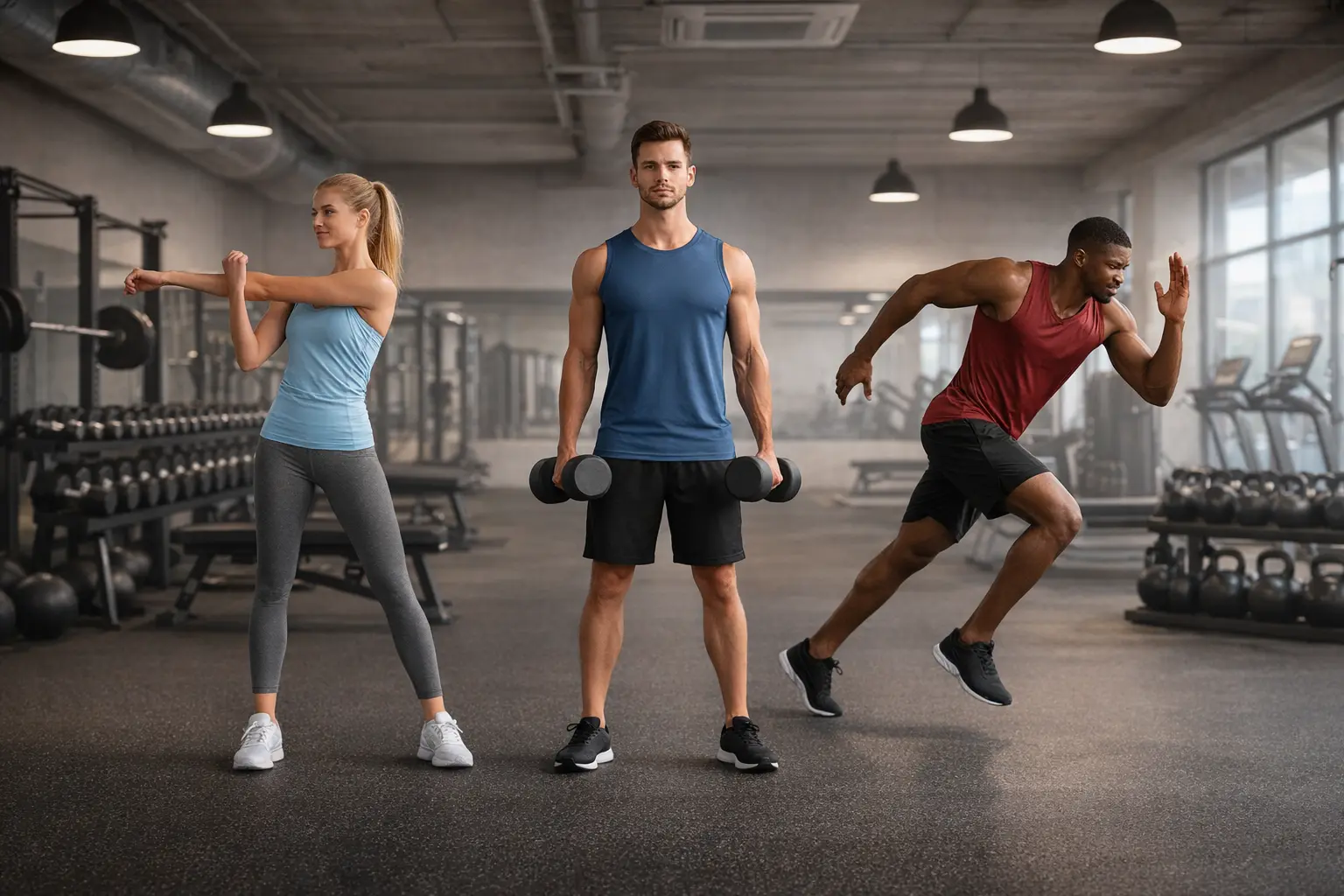 Three people in a gym at different fitness levels, from beginner to advanced, doing different exercises